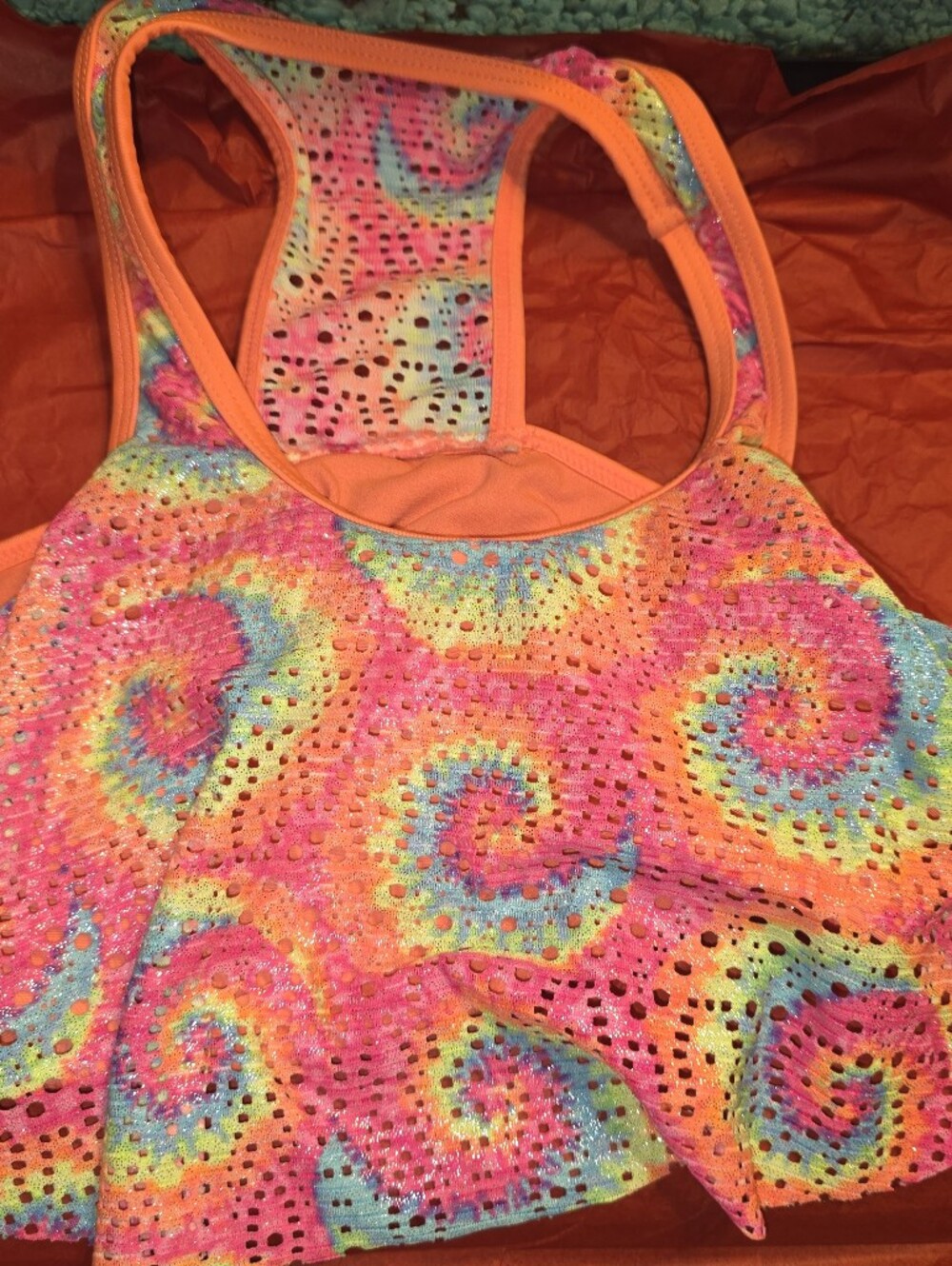 Wonder nation XL Neon Tie-Dye Racerback Swim Top - Pink, Orange, Yellow, Blue